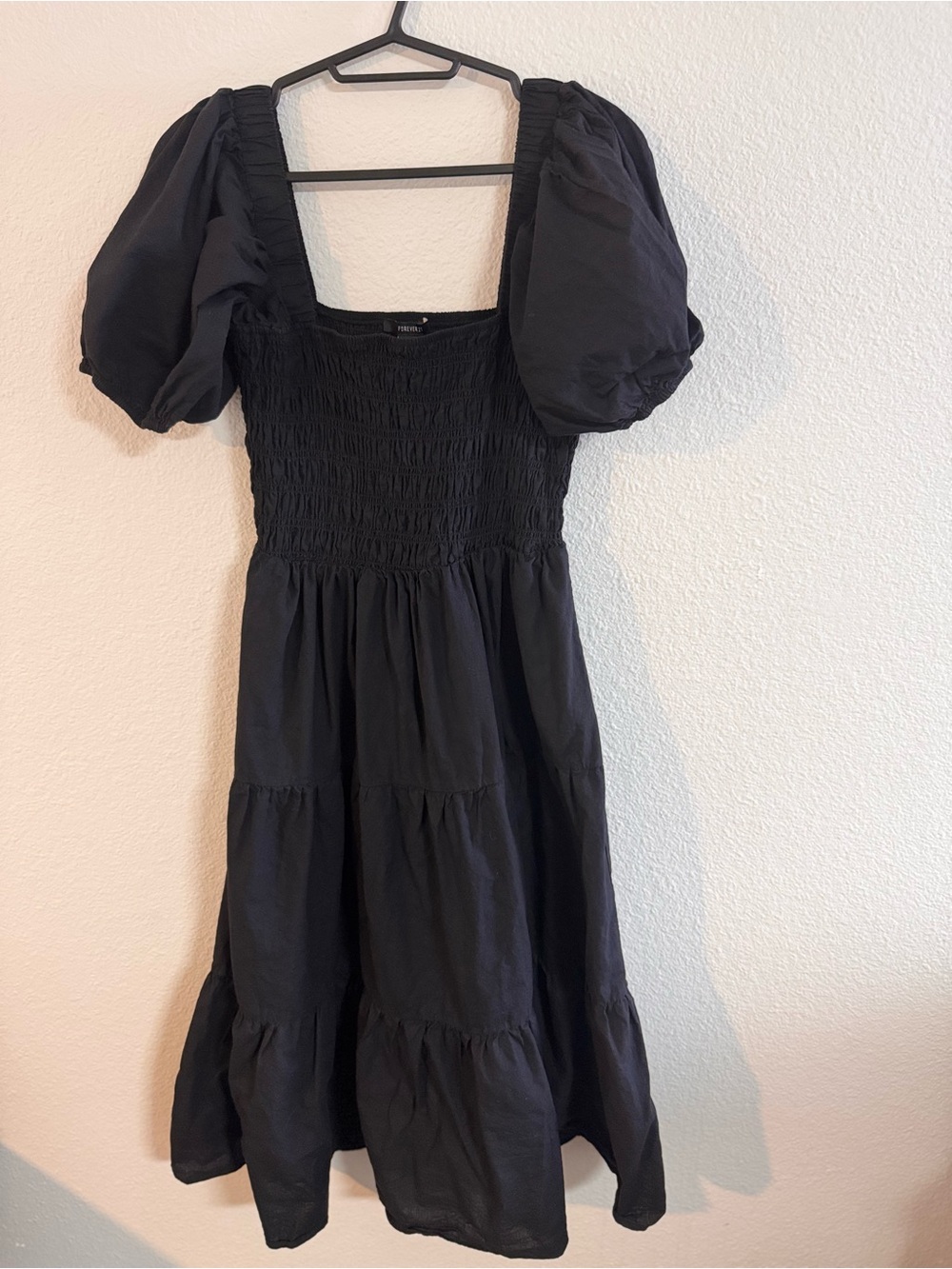 Forever 21 Black Smocked Bodice Puff-Sleeve Tiered Midi Dress